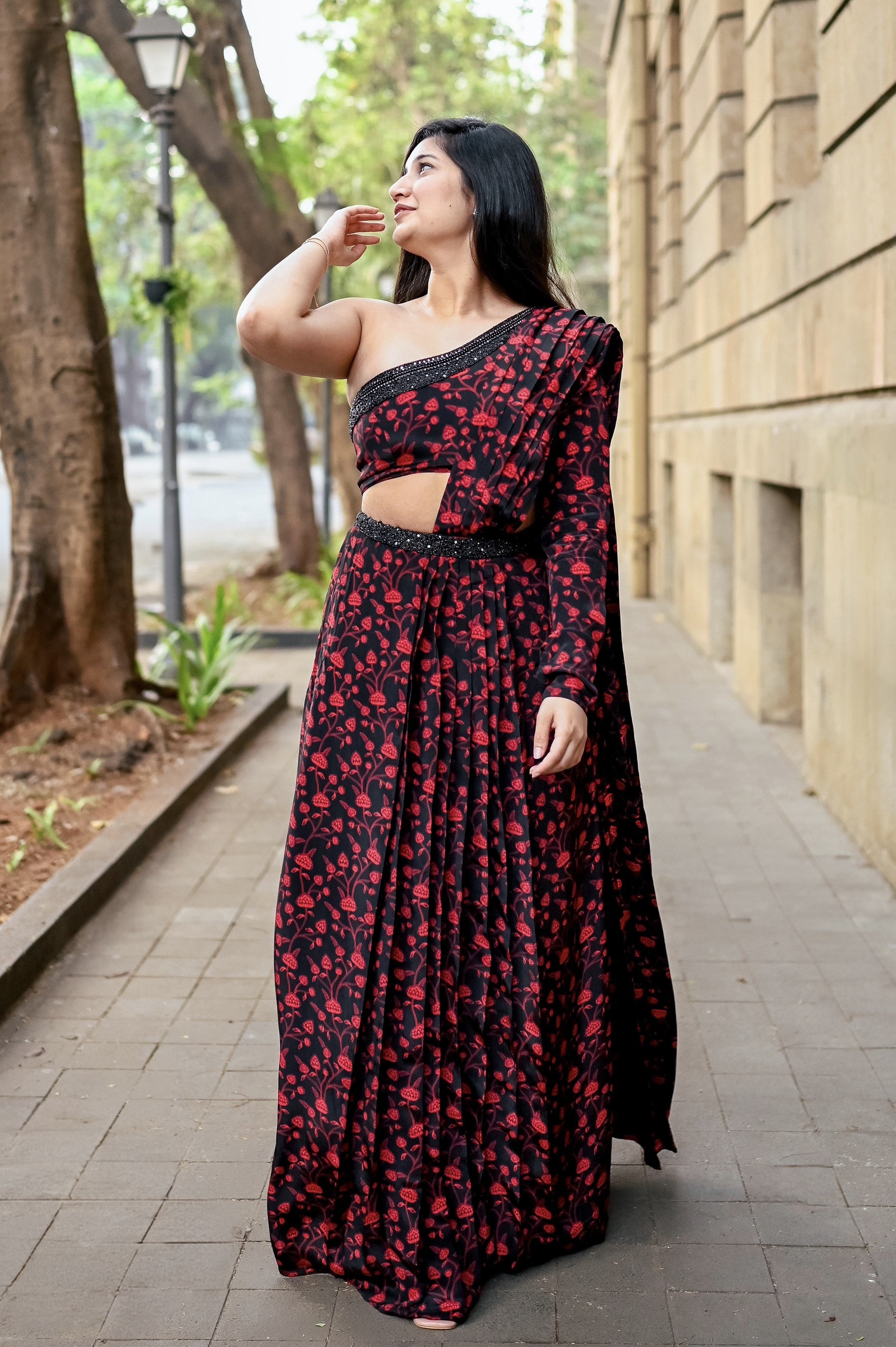 Black & Red Pleated Saree – EssayBySumedha