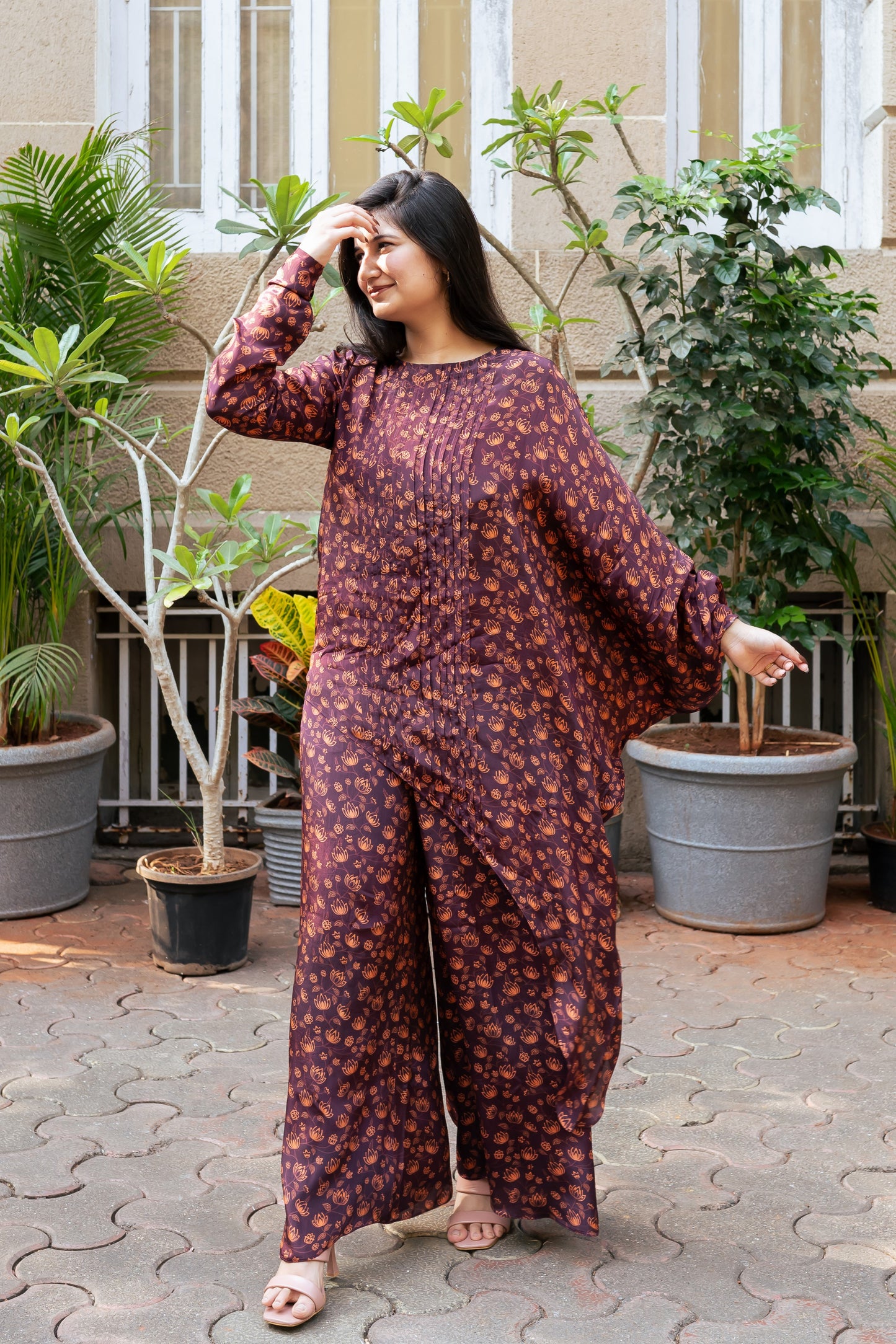 Brown Floral Asymmetric Tunic Co-ord- Ready to Ship