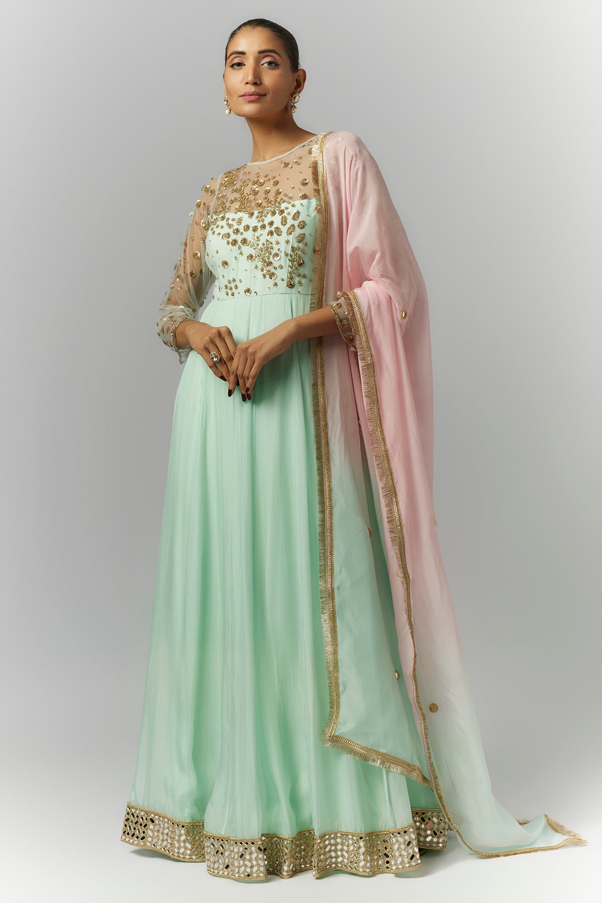 green emerald velvet dress Buy Faiza Saqlain Mint Green Organza Slit Anarkali Lehenga In USA main image 1