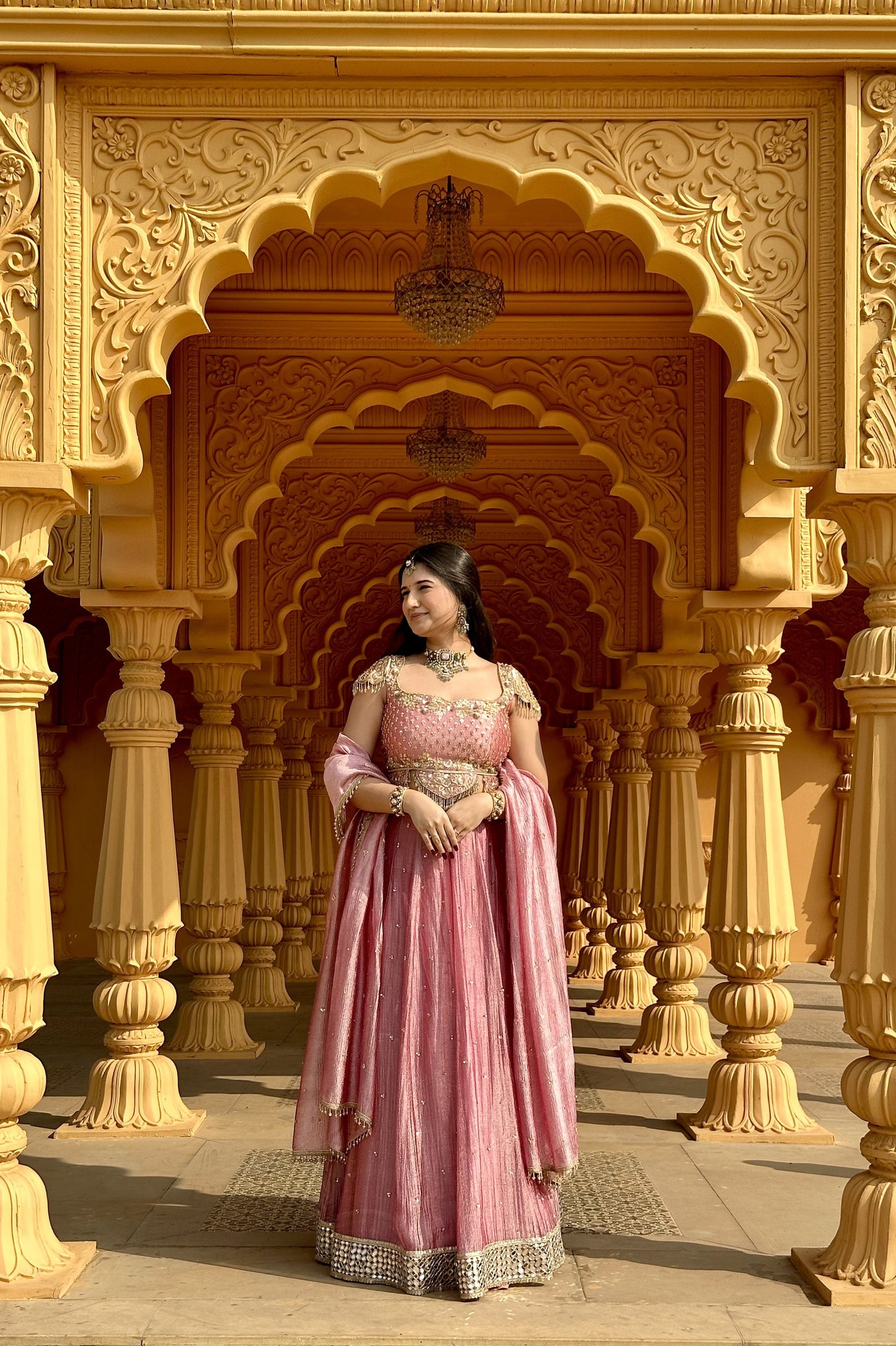 Pink Crushed Silk-Tissue Lehenga