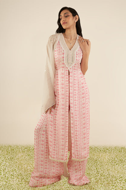 White & Pink Floral Stripes Kurta Set- Ready to Ship