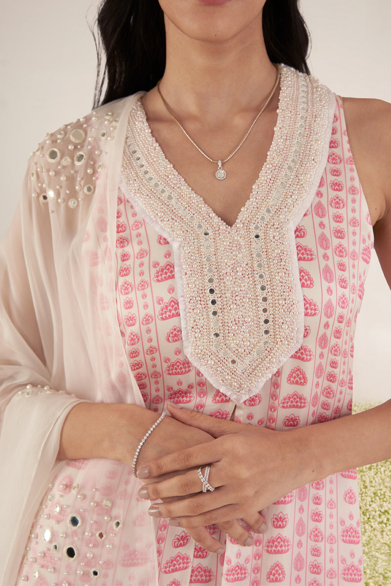 White & Pink Floral Stripes Kurta Set- Ready to Ship