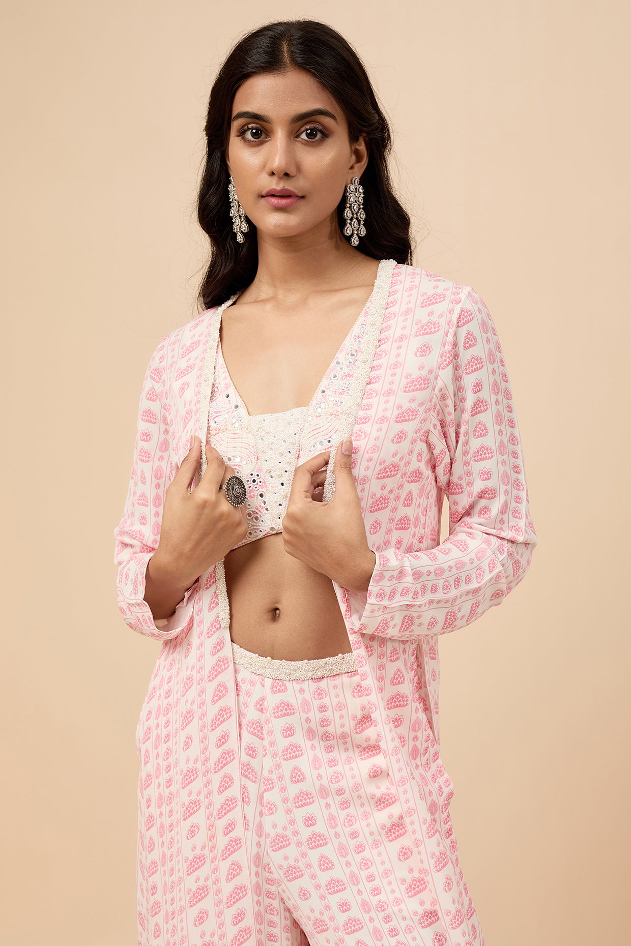 White & Pink Floral Stripes Cape Set