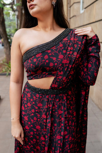 Black & Red Pleated Saree