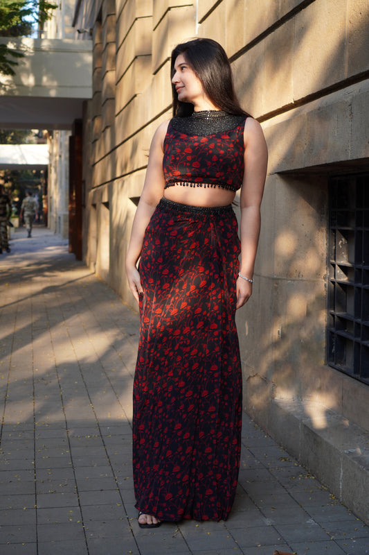 Black & Red Floral Skirt Set- Ready to Ship