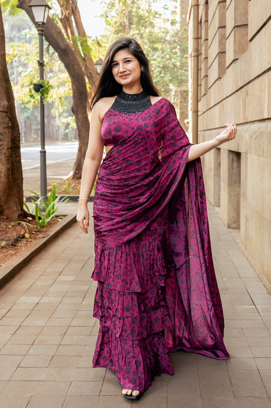 Wine Floral Ruffle Saree