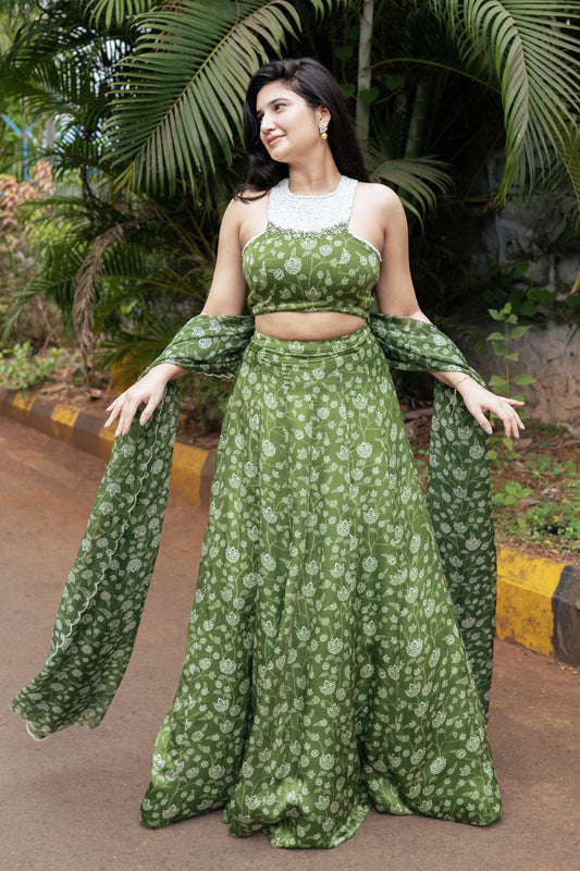 Olive Green Floral Lehenga- Ready to Ship