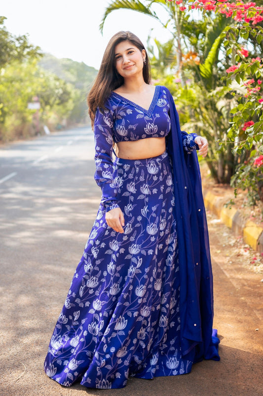 Violet Lotus Print Lehenga-Ready to Ship