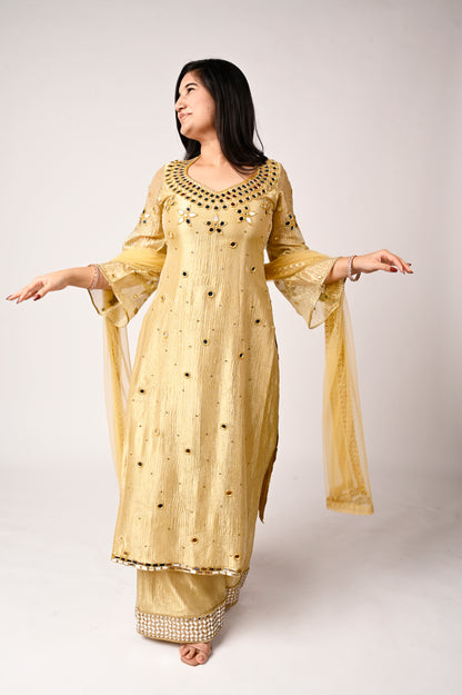 Golden Crushed Tissue Silk Kurta Set