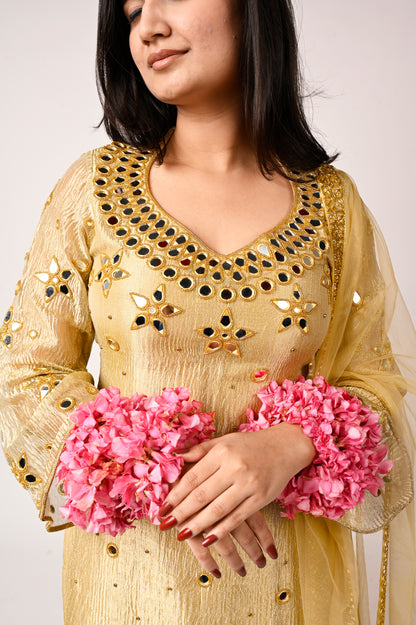 Golden Crushed Tissue Silk Kurta Set