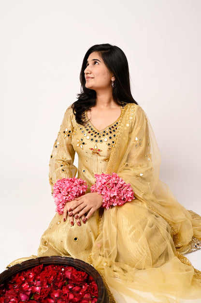 Golden Crushed Tissue Silk Kurta Set