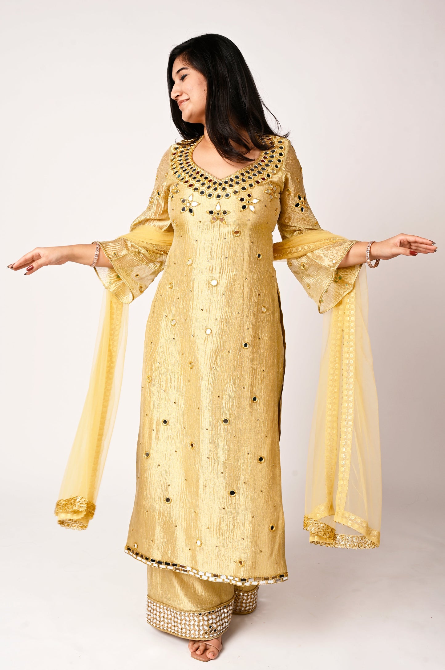 Golden Crushed Tissue Silk Kurta Set