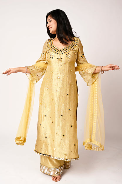 Golden Crushed Tissue Silk Kurta Set