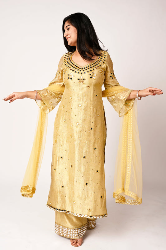 Golden Crushed Tissue Silk Kurta Set