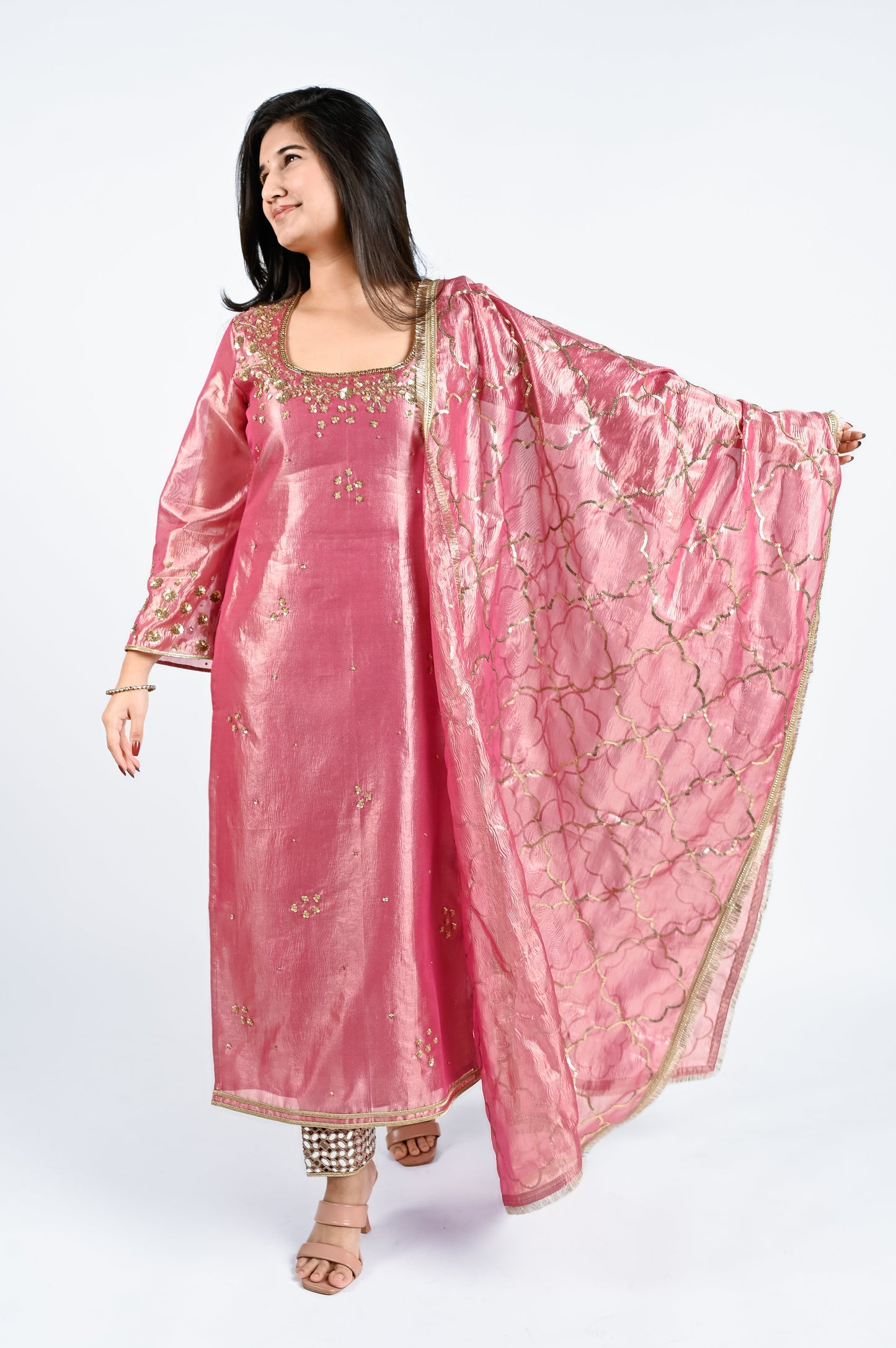 Pink Crushed Tissue Kurta Set