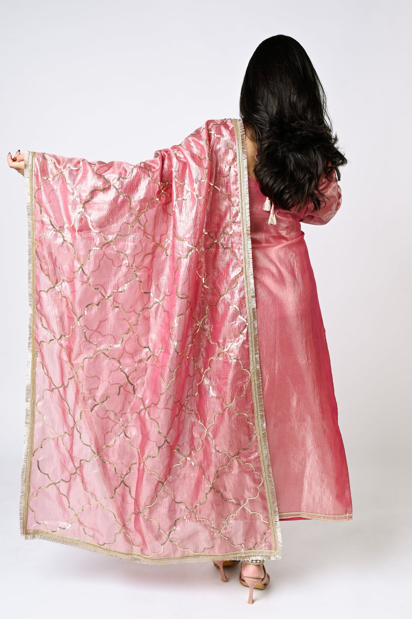 Pink Crushed Tissue Kurta Set