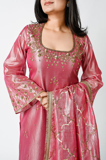 Pink Crushed Tissue Kurta Set