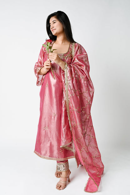 Pink Crushed Tissue Kurta Set
