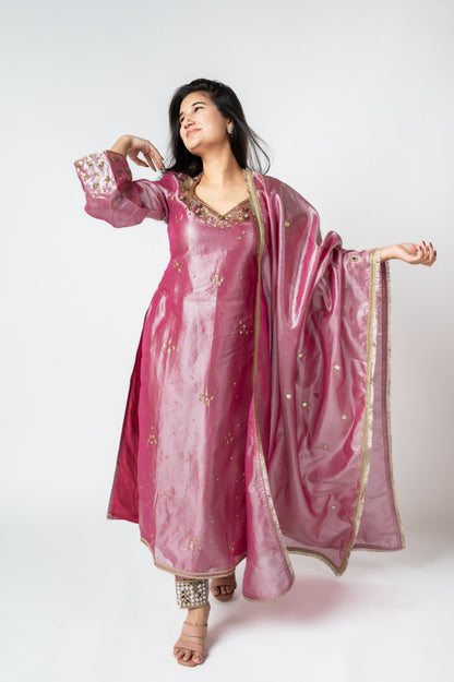 Purple Crushed Tissue Kurta Set