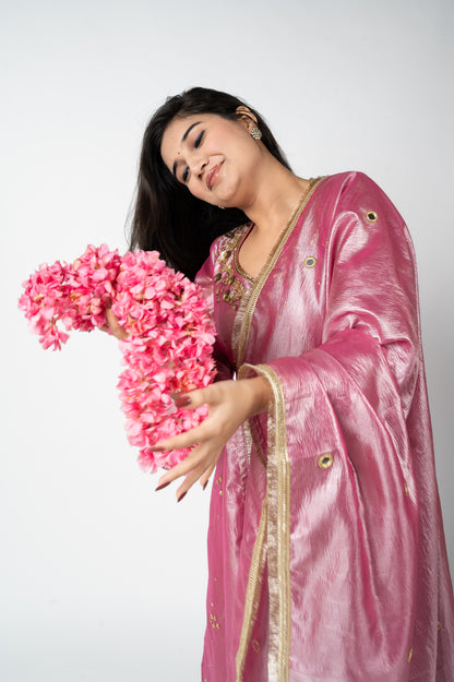 Purple Crushed Tissue Kurta Set