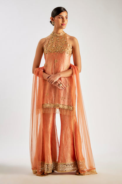 Rust Orange Crushed Tissue Silk Sharara