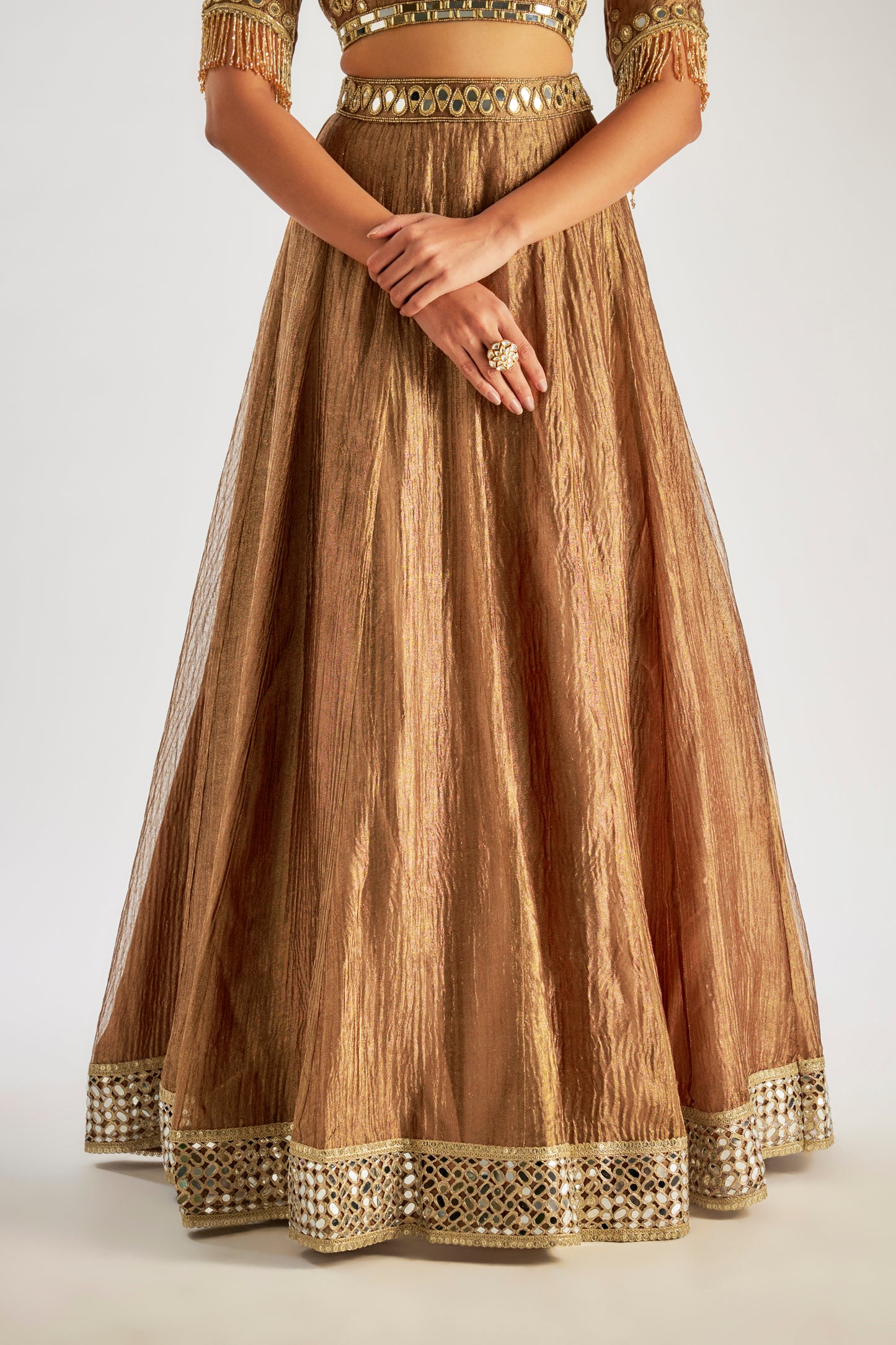 Brown Crushed Tissue Silk Lehenga