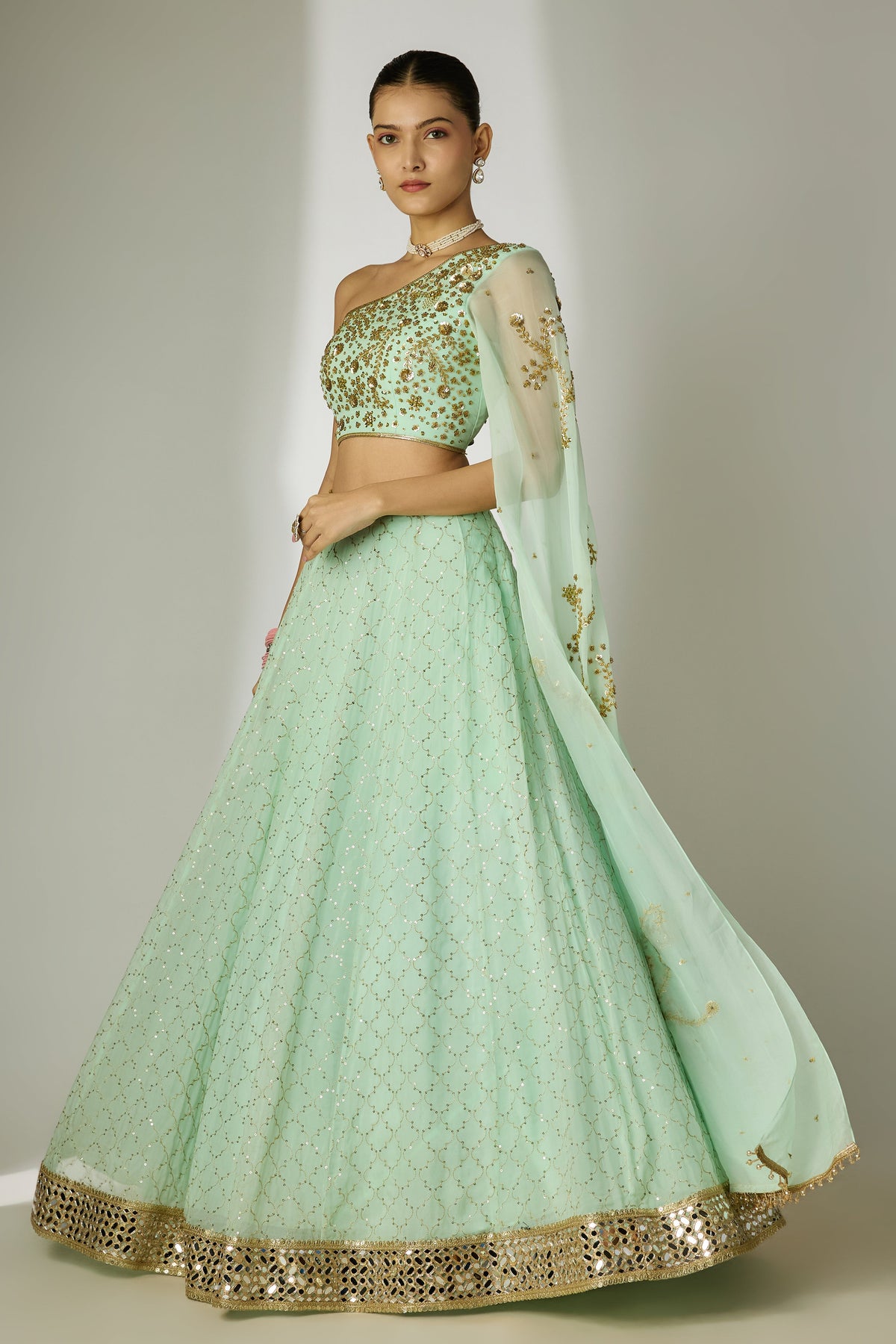 Mint Green One-Shoulder Lehenga Set