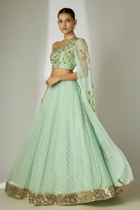 Mint Green One-Shoulder Lehenga Set