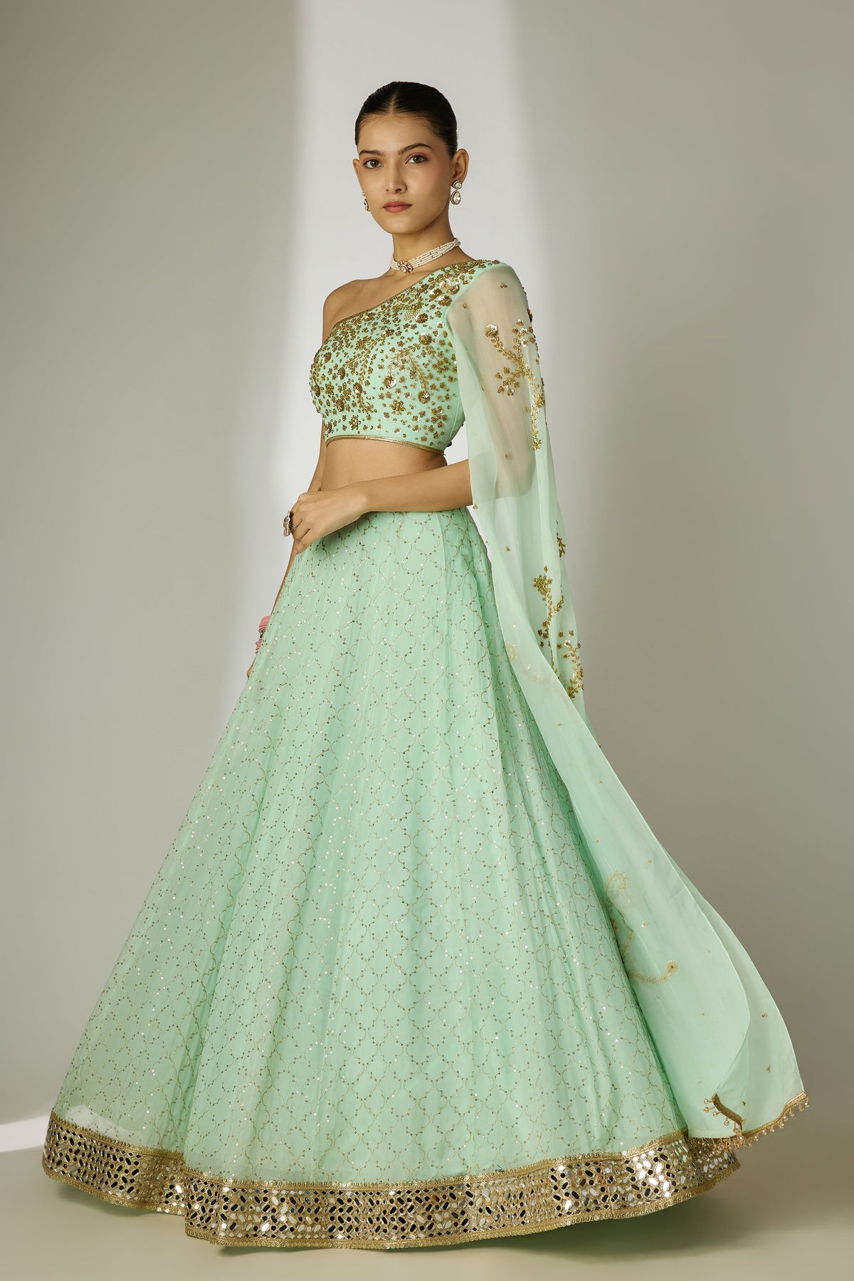 Mint Green One-Shoulder Lehenga Set