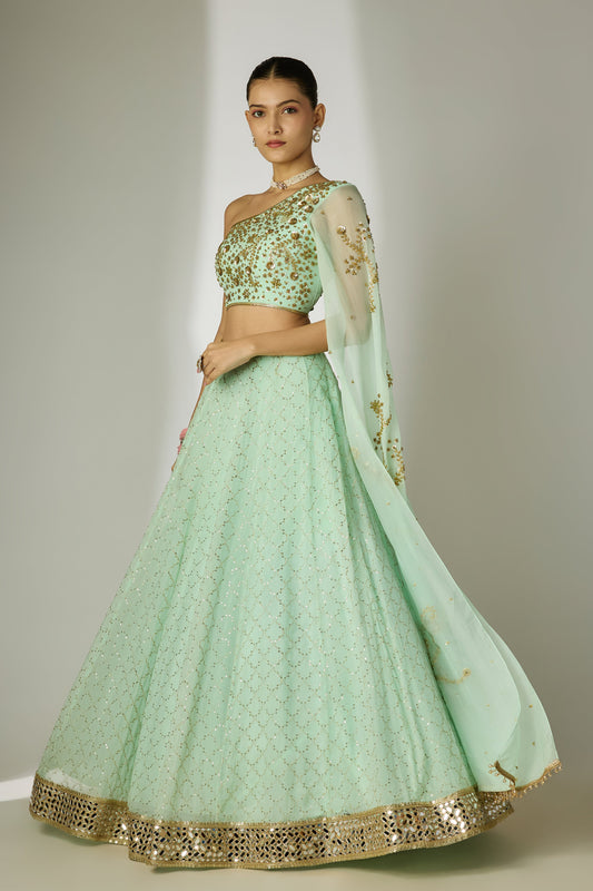 Mint Green One-Shoulder Lehenga Set