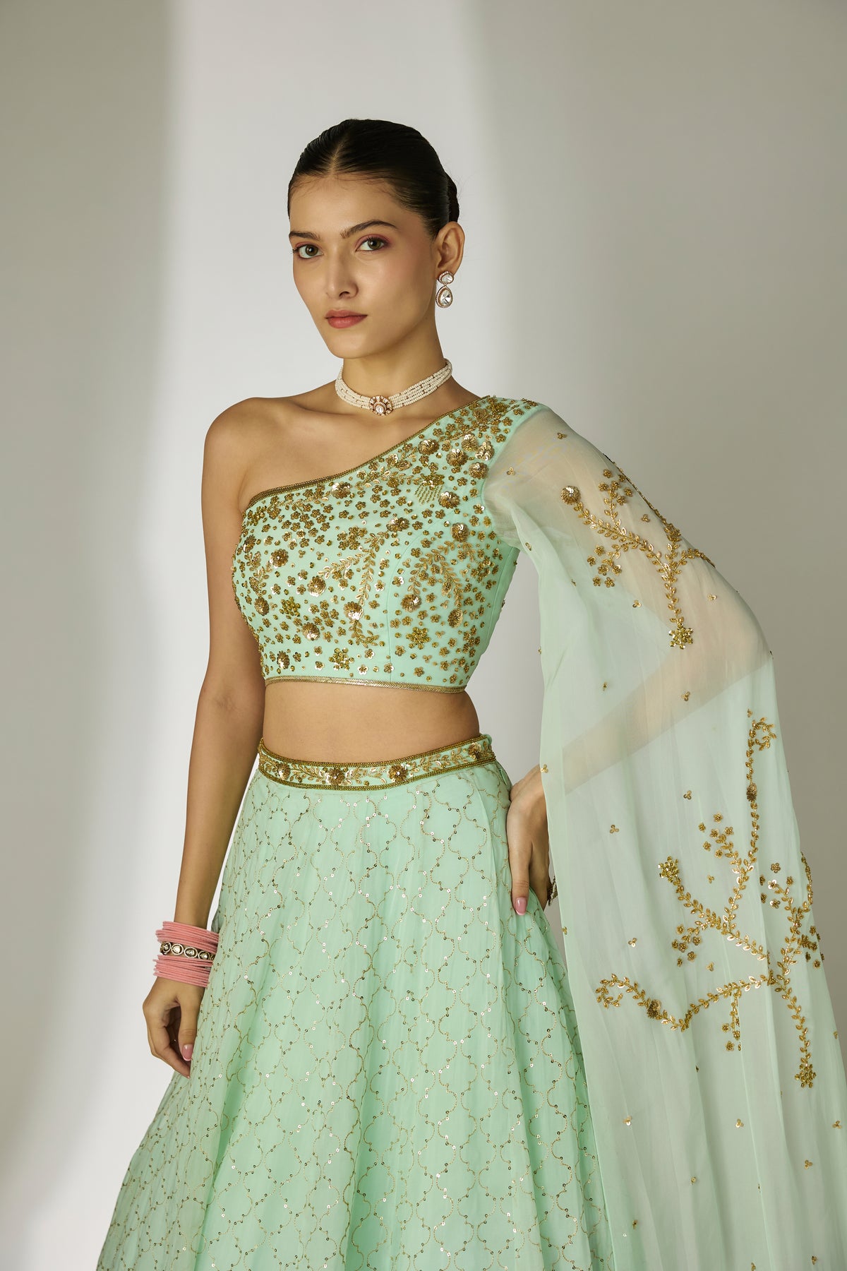 Mint Green One-Shoulder Lehenga Set