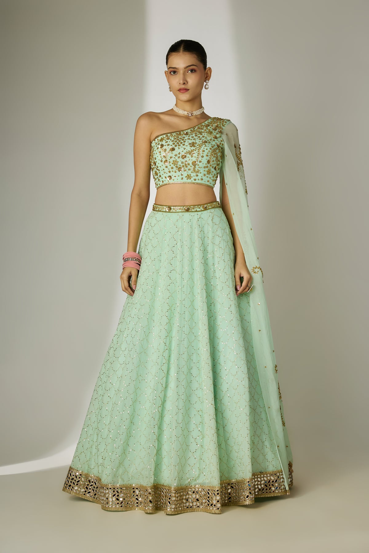 Mint Green One-Shoulder Lehenga Set