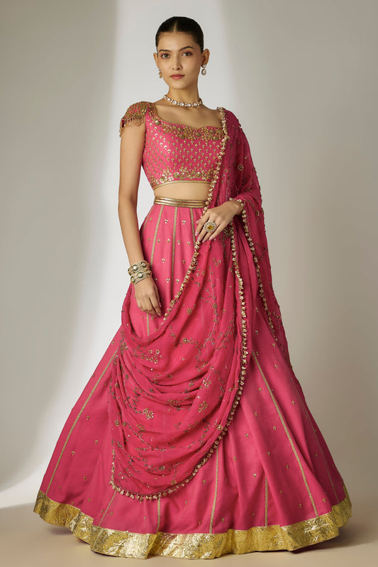 Sunita: Viscose Satin Chanderi Pink Lehenga Set