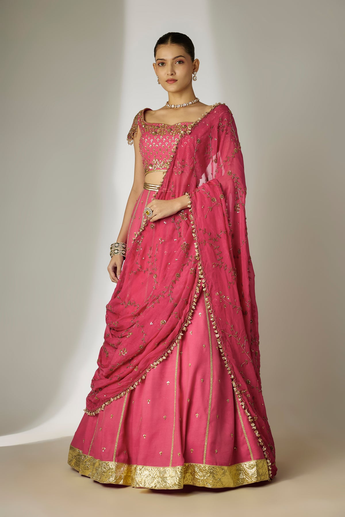 Sunita: Viscose Satin Chanderi Pink Lehenga Set