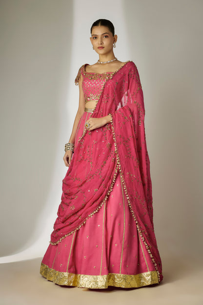 Sunita: Viscose Satin Chanderi Pink Lehenga Set