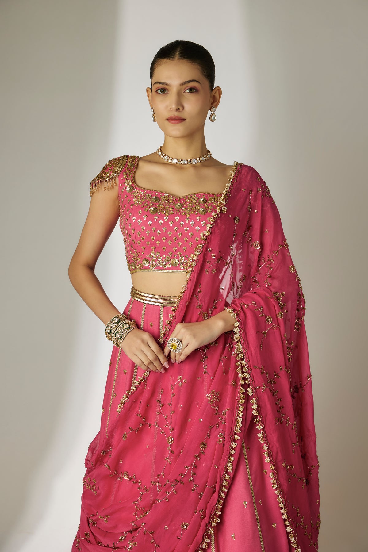 Sunita: Viscose Satin Chanderi Pink Lehenga Set