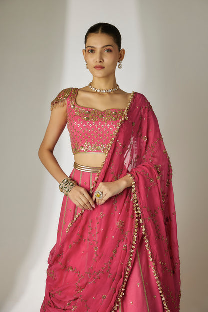 Sunita: Viscose Satin Chanderi Pink Lehenga Set