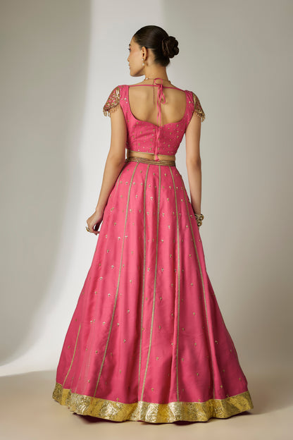 Sunita: Viscose Satin Chanderi Pink Lehenga Set