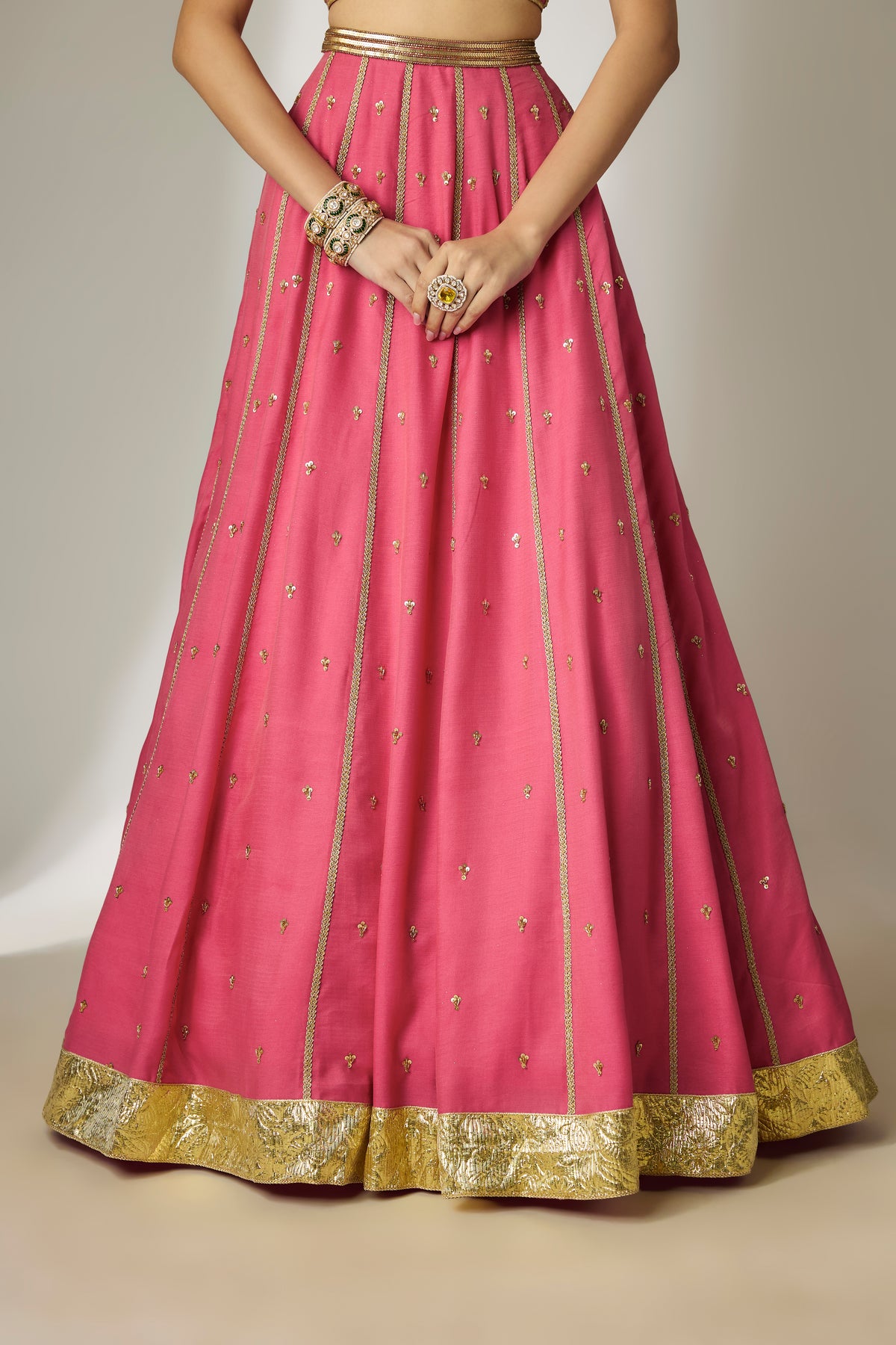 Sunita: Viscose Satin Chanderi Pink Lehenga Set