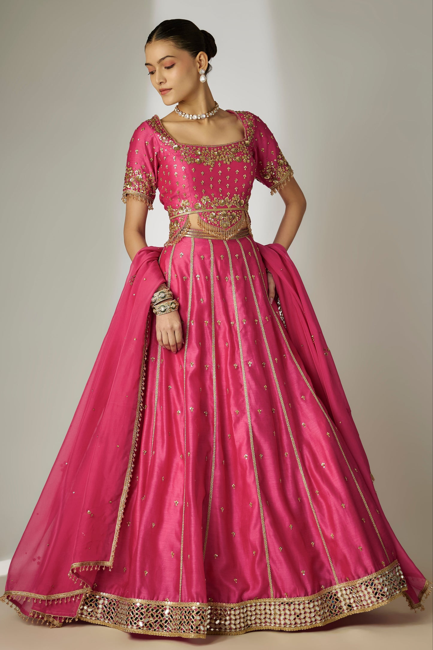 Saanvi: Silk Chanderi Pink Lehenga Set