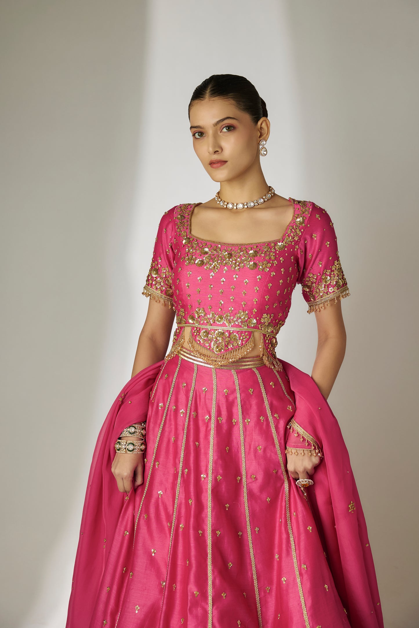 Saanvi: Silk Chanderi Pink Lehenga Set
