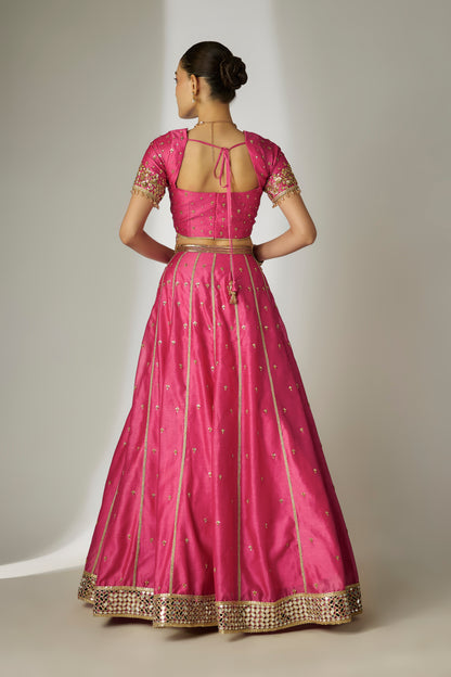 Saanvi: Silk Chanderi Pink Lehenga Set