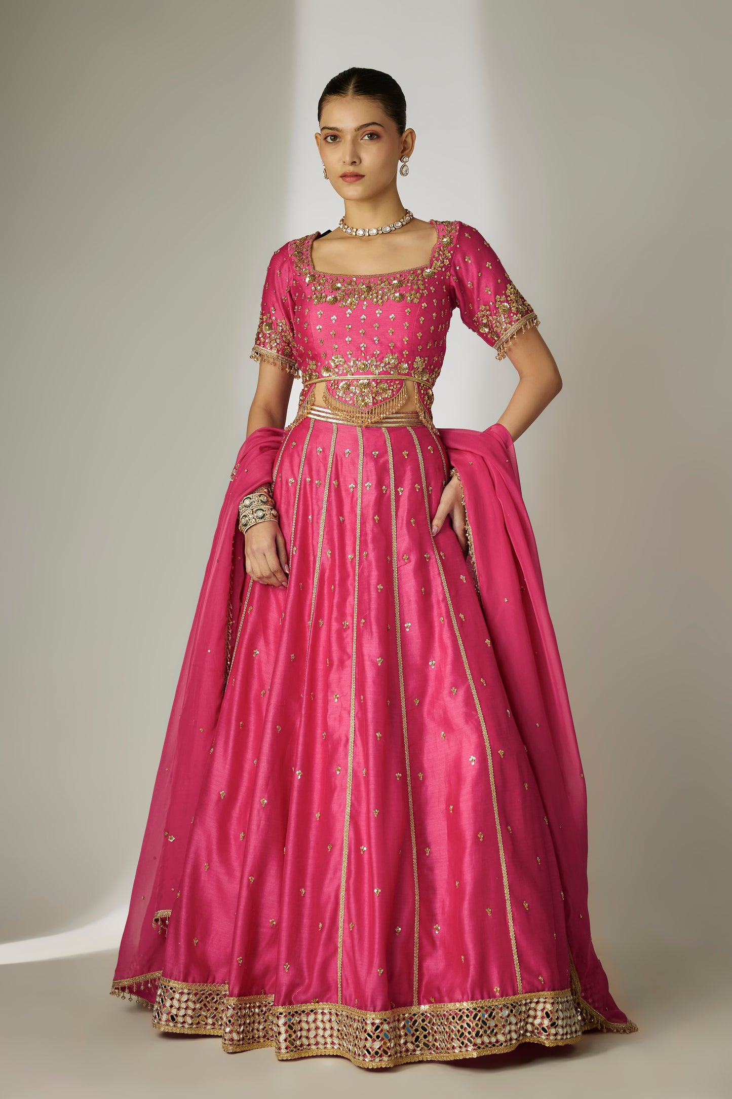 Saanvi: Silk Chanderi Pink Lehenga Set