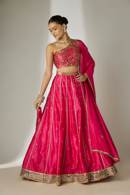 Aavya: Silk Chanderi Pink Lehenga Set