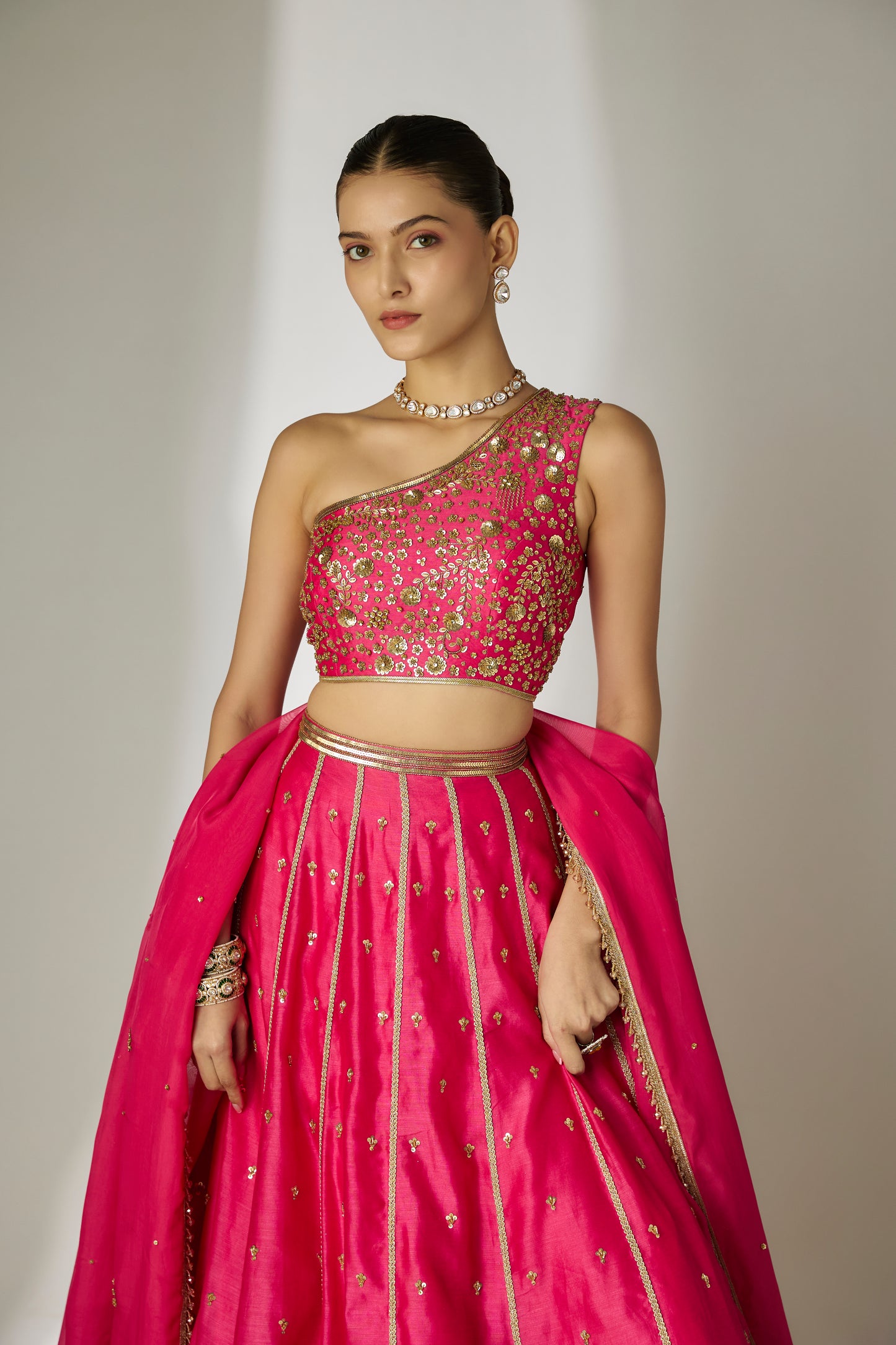 Aavya: Silk Chanderi Pink Lehenga Set