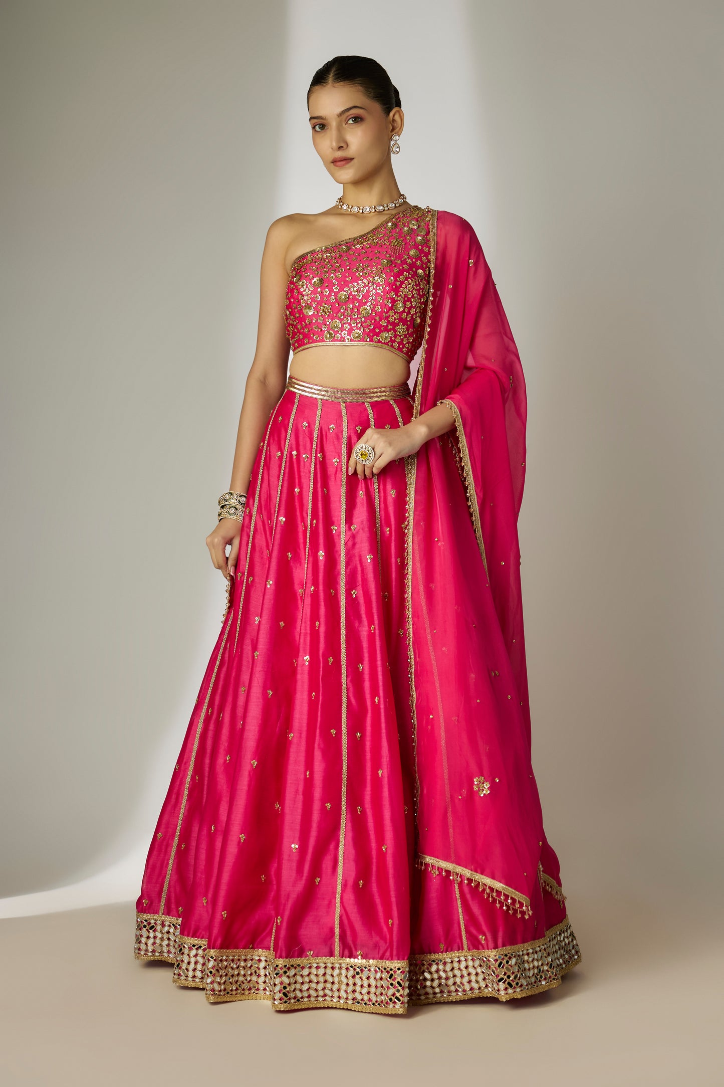 Aavya: Silk Chanderi Pink Lehenga Set