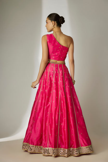 Aavya: Silk Chanderi Pink Lehenga Set