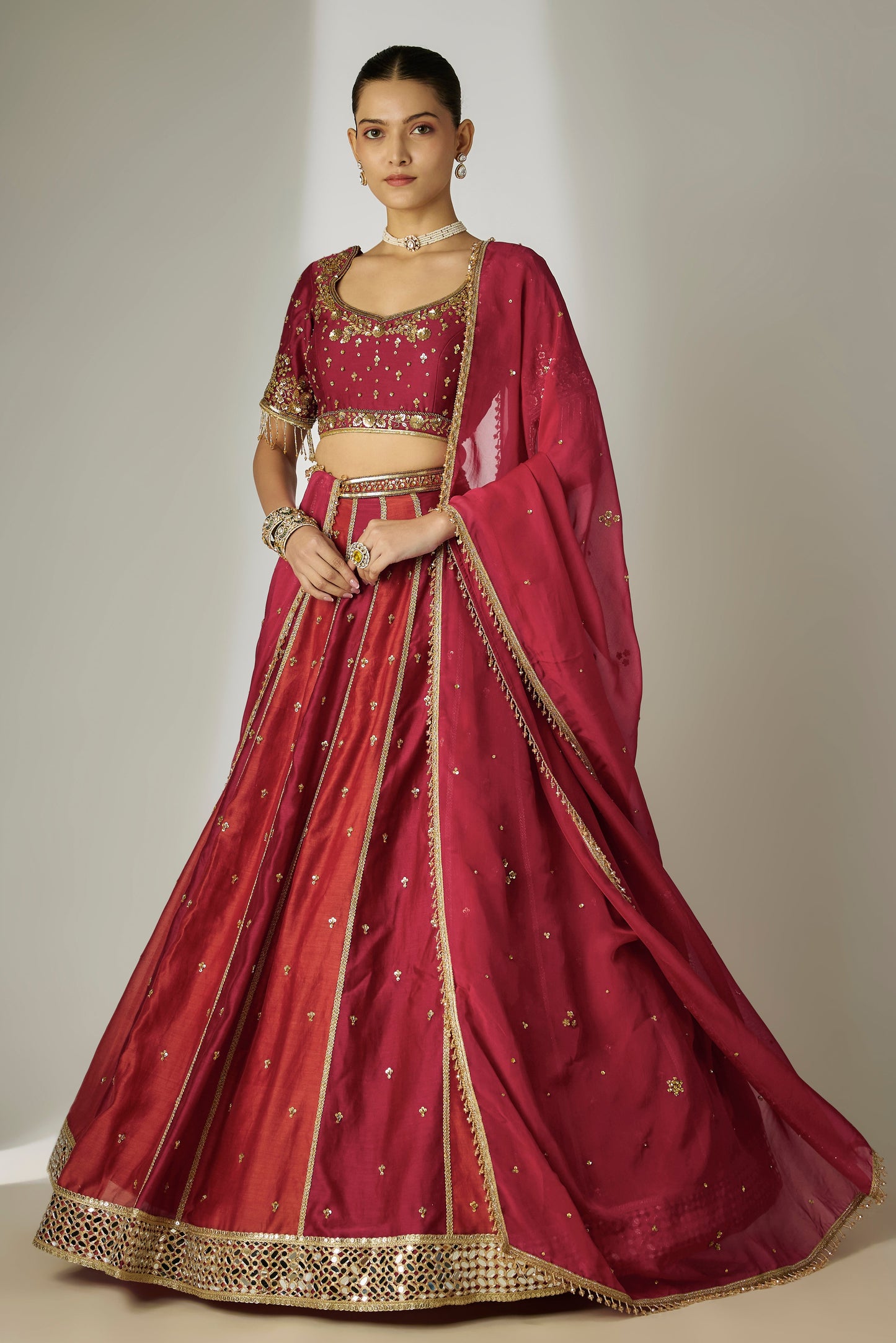 Avni: Silk Chanderi Red & Rust Lehenga Set