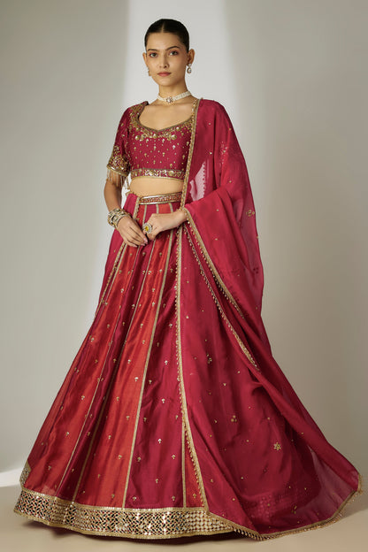 Avni: Silk Chanderi Red & Rust Lehenga Set