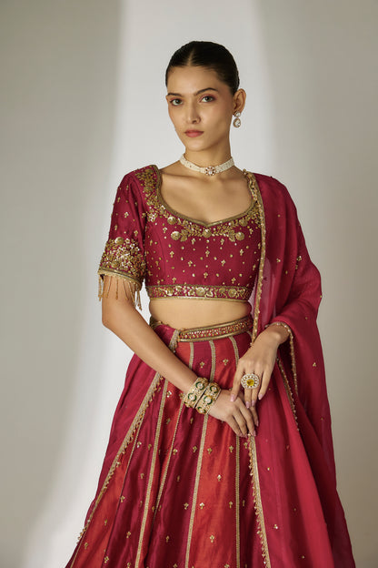 Avni: Silk Chanderi Red & Rust Lehenga Set